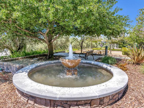 hm-3-website A sitting area under a tree next to a round fountain with water shooting up in the air.