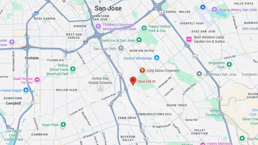 Map of San Jose, California zoomed out to show the area surrounding Heritage Master Association.